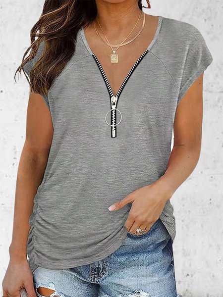 

Casual Loosen V Neck Plain Zipper Short Sleeve T-Shirt, Gray, T-Shirts