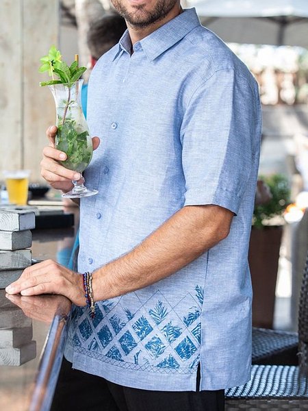 

Men's Cotton Linen Style Short Sleeve Shirt, Blue, Shirts ＆ Blouse