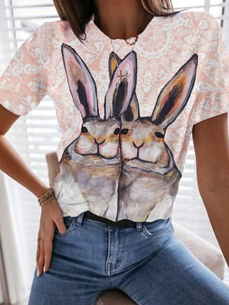 

Crew Neck Bunny Casual Short Sleeve T-Shirt, Orange, T-Shirts