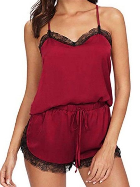 

Sexy Lace Suspender Shorts Pajamas Set Plus Size, Wine red, Loungewear & Sleepwear