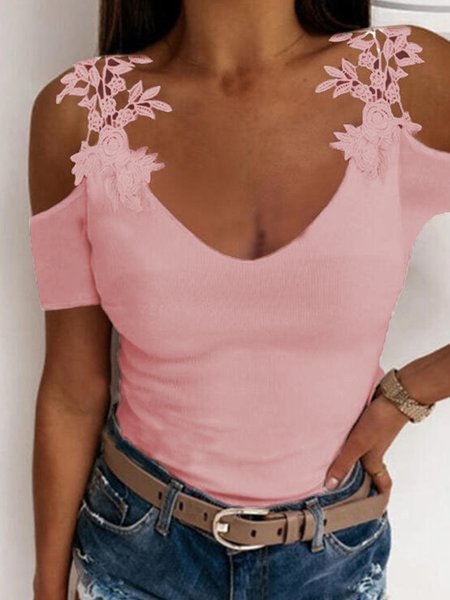 

Romantic Solid Casual Regular Fit V Neck Short Sleeve T-Shirt, Pink, T-Shirts