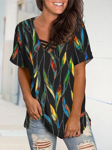 

Leaves Short Sleeves Cross V Neck Plus Size Casual Tops, Black, T-Shirts