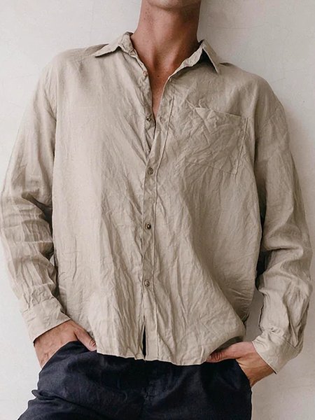 

Men's Cotton Linen Style Long Sleeve Shirt, Brown, Shirts ＆ Blouse