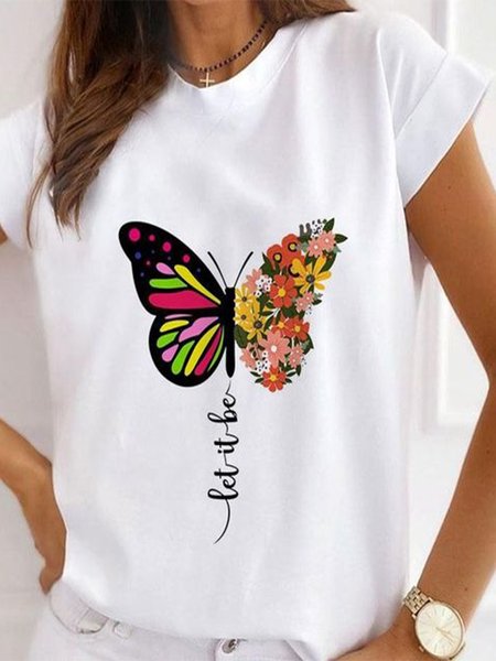 

Butterfly Casual Short Sleeve Loosen T-Shirt, White, T-Shirts