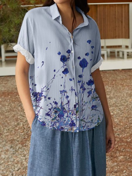 

Floral print cotton and linen style spring new hot discount super nice casual women's shirt, Blue, Shirts & Blouses