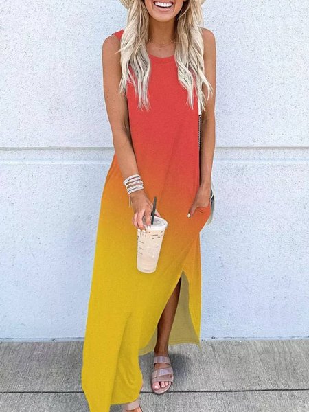 

Round Neck Regular Fit Casual Sleeveless Knit Dress, Multicolor, Maxi Dresses