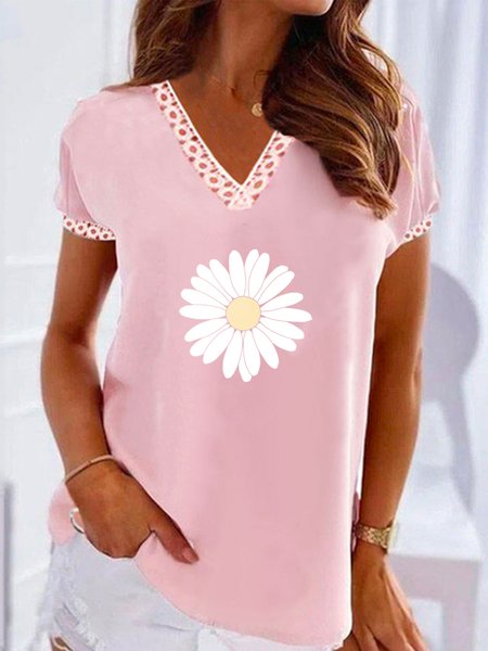 

Floral Casual Loosen Short Sleeve Tops, Pink, Tops