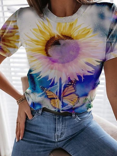 

Romantic Sunflower Floral Butterfly Ombre Printed Casual Loosen Crew NeckShort Sleeve T-Shirt, Flower, T-Shirts