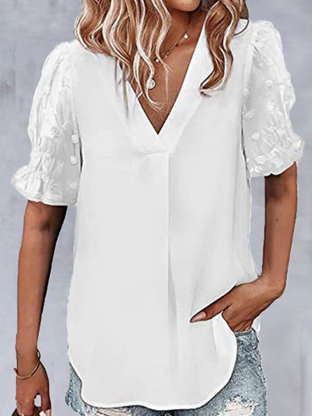 

V Neck Casual Loosen Short Sleeve Tops, White, Tunics