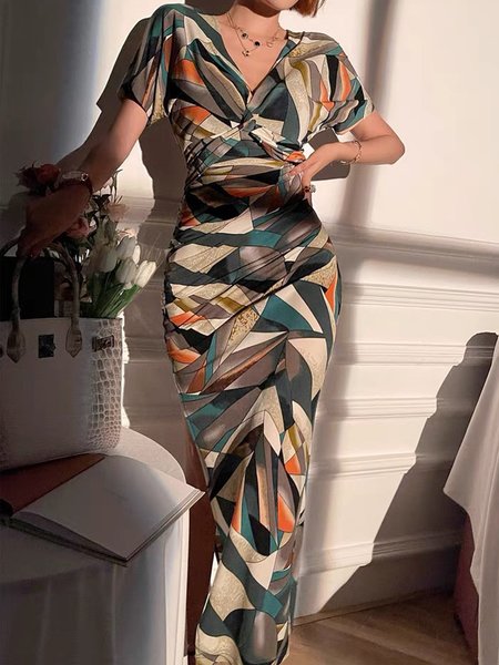 

Geometric V Neck Elegant Short Sleeve Knit Dress, Multicolor, Maxi Dresses