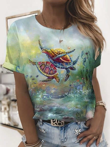 

Sea ​​Turtles Short Sleeves Crew Neck Plus Size Casual T-Shirt, Multicolor, T-Shirts