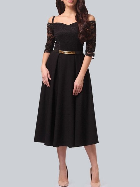 

Elegant Boat Neck Lace Short Sleeve Knit Dress, Black, Midi Dresses