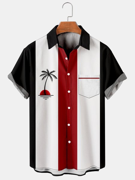 

Men's Coconut Tree Print Casual Breathable Hawaiian Short Sleeve Shirt, Black-red, Men's Floral shirt