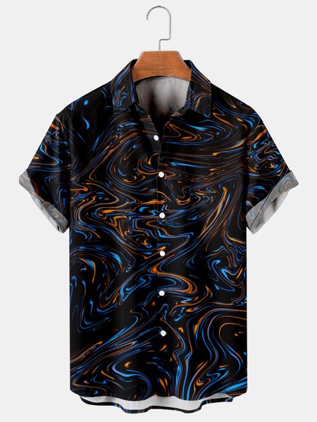 

Men's 3D Line Print Casual Breathable Hawaiian Short Sleeve Shirt, Black, Men's Floral shirt