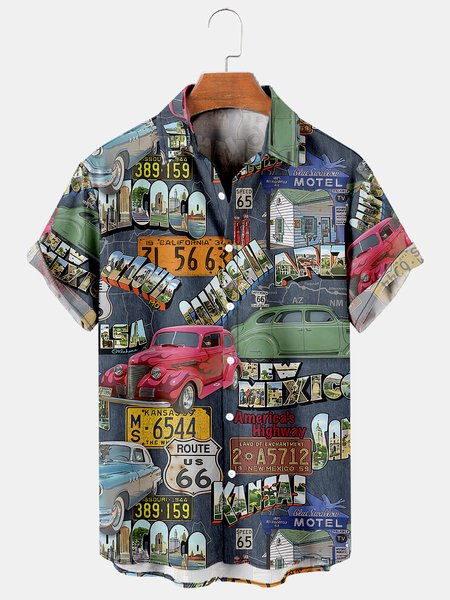 

Vintage Graphic Men's Short Sleeve Casual Shirt, Blue, Men's Floral shirt