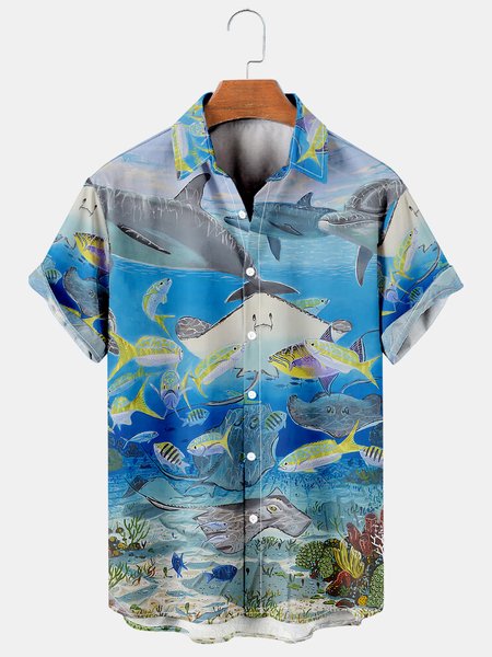 

Marine Graphic Men's Casual Short Sleeve Shirt, Blue, Men's Floral shirt
