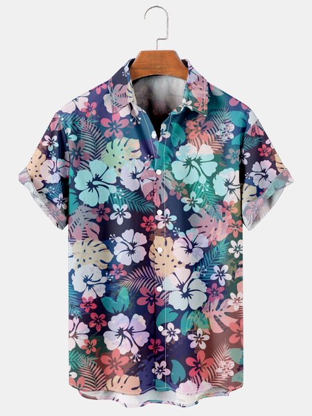 

Mens Hibiscus Print Casual Breathable Hawaiian Short Sleeve Shirt, Blue, Men's Floral shirt