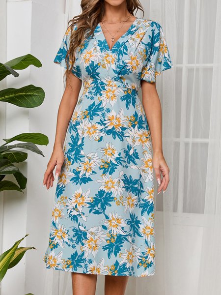 

Casual Vacation Print V-Neck Short Sleeve Swing Midi Dresses, Blue, Dresses