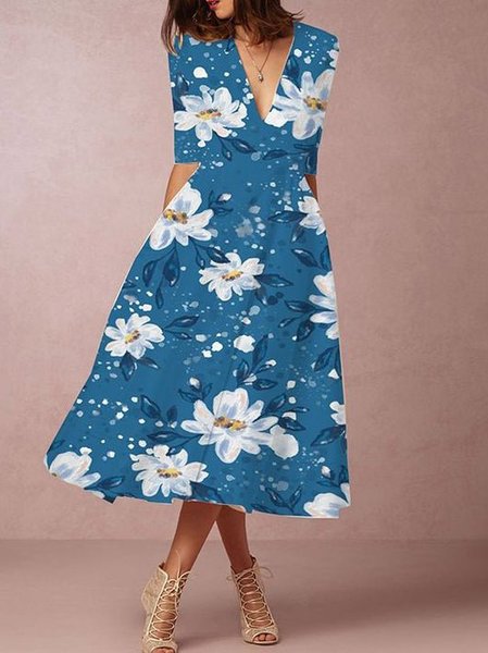 

Cotton Short Sleeve Woven Dress, Blue, Dresses