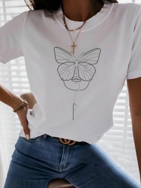

Loosen Crew Neck Painted Short Sleeve T-Shirt, White, T-Shirts