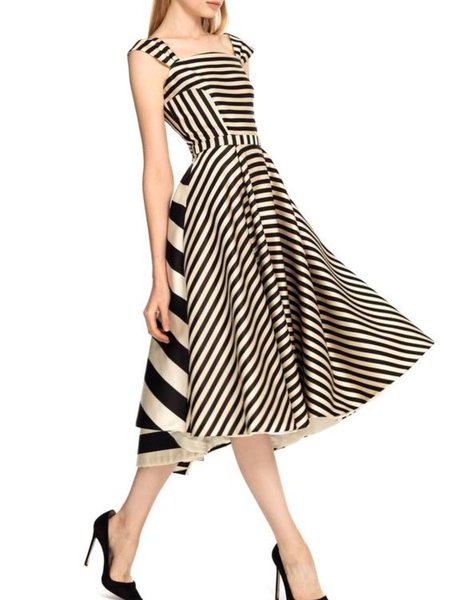 

Summer Elegant Regular Fit Short Sleeve Woven Fit and FlareX Dress, Stripe, Midi Dresses