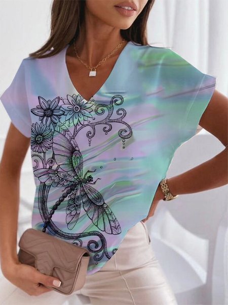 

Dragonfly Casual Floral V Neck Cotton Blends Short Sleeve Tops, Multicolor, T-Shirts