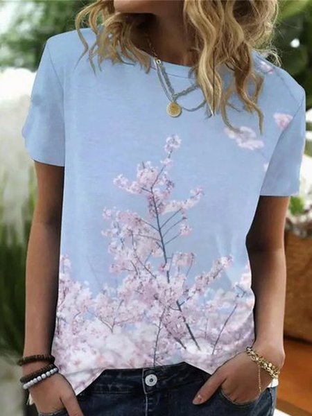 

Romantic Floral Casual Loosen Crew Neck Short Sleeve T-Shirt, Flower, T-Shirts
