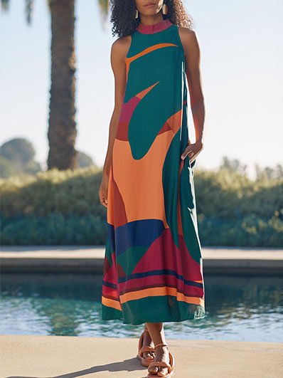 

Vacation Loosen Geometric Short Sleeve Woven Dress, Green, Maxi Dresses
