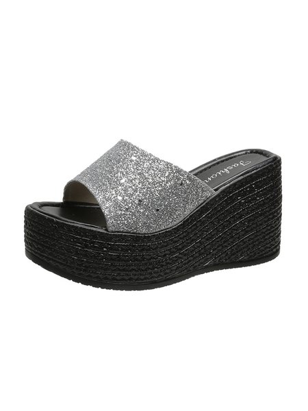 

Glitter Wedge Platform Heel Resort Slippers, Silver, Sandals