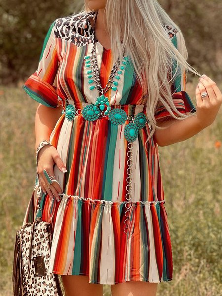 

Casual Vacation V Neck Striped Frill Sleeve Short Sleeve women Mini Dress, Multicolor, Dresses