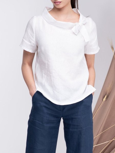 

Lapel Simple Loosen Short Sleeve Top, White, Blouses and Shirts