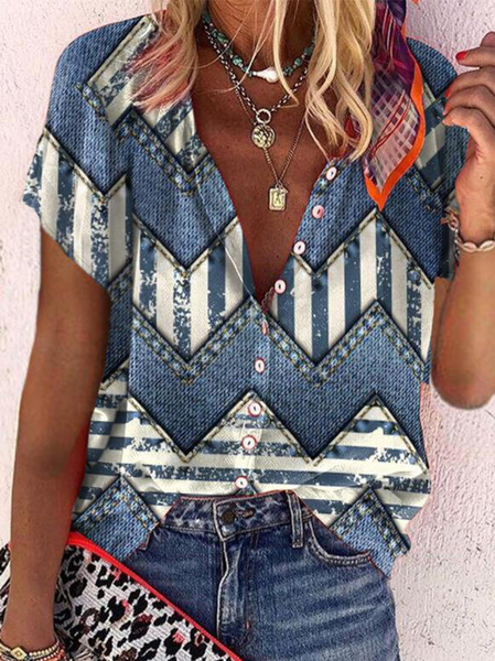 

Casual Crew Neck Geometric Short Sleeve Blouse, Blue, Shirts & Blouses