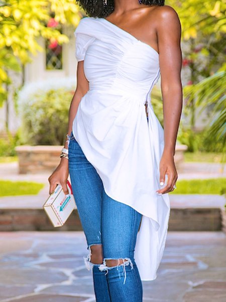 

One Shoulder Asymmetrical Neck Short Sleeve Top, White, Tops