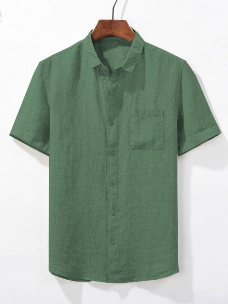 

Cotton Linen Style American Casual Basic Versatile Linen Shirt, Green, Blouses&Shirts