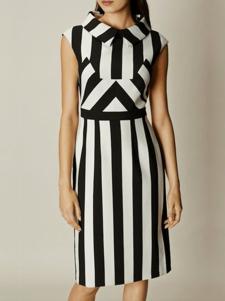 

Summer Cap sleeve Elegant Lapel Regular Fit Short Sleeve Woven Dress, Stripe, Midi Dresses