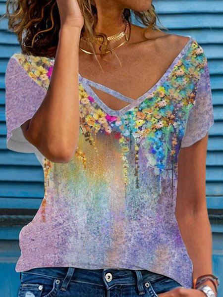 

Romantic Floral Ombre Casual Loosen V Neck Short Sleeve T-Shirt, Flower, T-Shirts