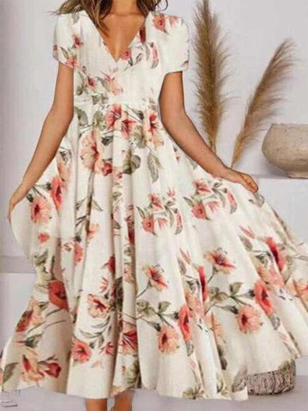 

Loosen Floral Vacation Short Sleeve Knit Dress, Multicolor, Dresses