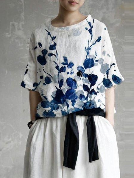 

Boho Cotton Short Sleeve Tops, White, T-Shirts