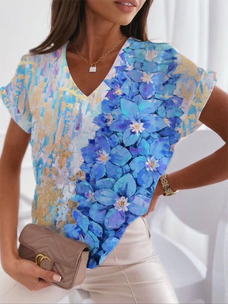 

Floral Shirt Sleeve Loosen Short Sleeve Tops, Blue, T-Shirts