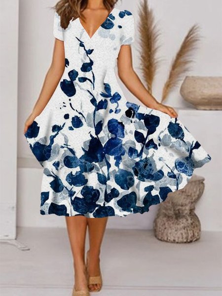 

Cotton V Neck Floral Short Sleeve Woven Dress, White, Midi Dresses
