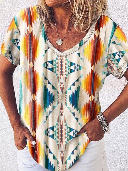 

Tribal Geometric Printed West Styles/Cows Casual Loosen V Neck Short Sleeve T-Shirt, Flower, T-Shirts