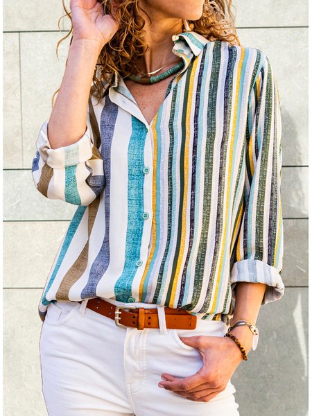 

Loosen Buttoned Shirt Collar Long Sleeve Blouse, Multicolor, Blouses & Shirts
