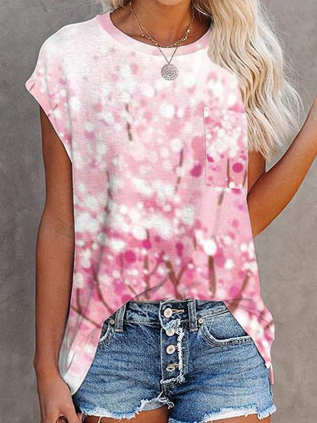 

Floral Cherry Blossoms Short Sleeves Crew Neck Plus Size Casual Tops, Pink-white, T-Shirts