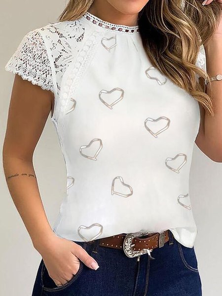 

High Neck Guipure Hollow Out Short Sleeve Tops, White, T-Shirts