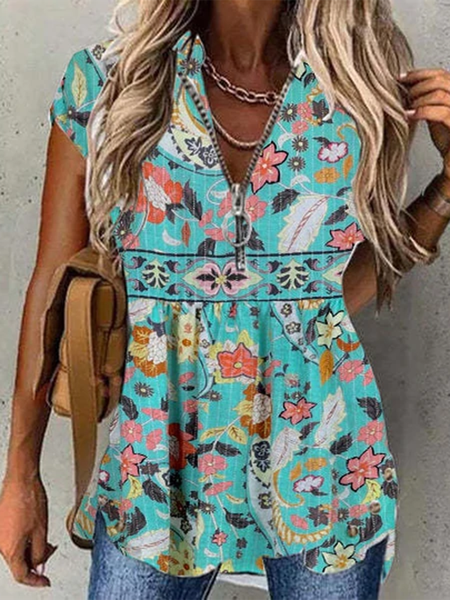 

Tribal Print V Neck Vacation Casual Short Sleeve Tops, Blue, T-Shirts
