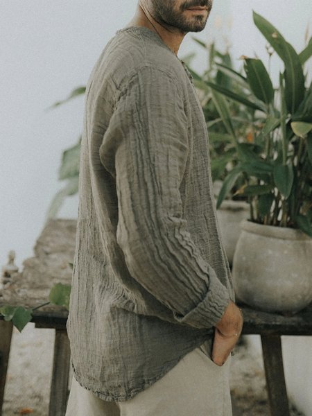 

Men's Cotton Linen Style Long Sleeve Shirt, Green, Shirts ＆ Blouse