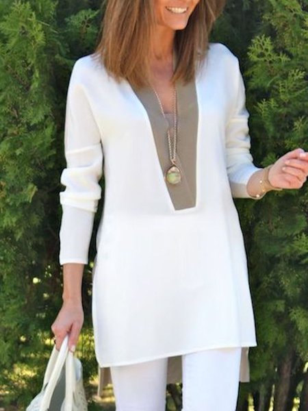 

Simple Solid Loosen Long Sleeve Top, White, Tops