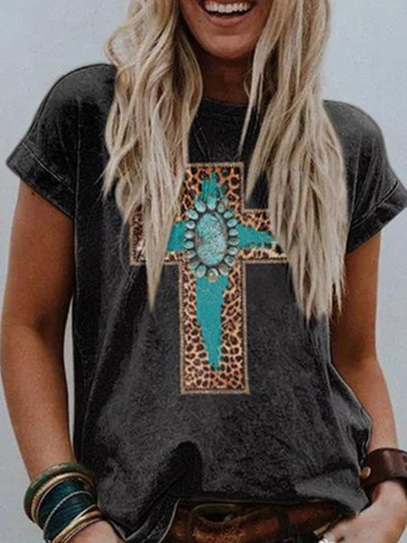 

Vintage Crew Neck Leopard Short Sleeve T-Shirt, Black, T-Shirts