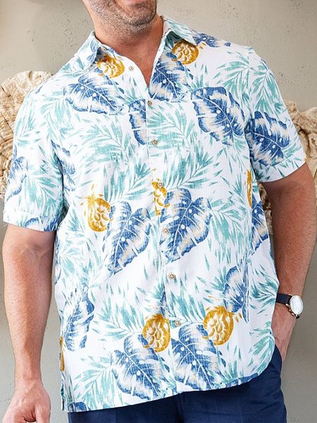 

Men's Cotton Linen Style Short Sleeve Printed Shirt, Blue, Shirts ＆ Blouse