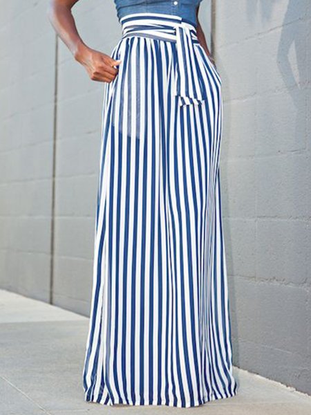 

Daily Long Striped Casual Regular Fit Pants, Blue, Wide Leg Pants